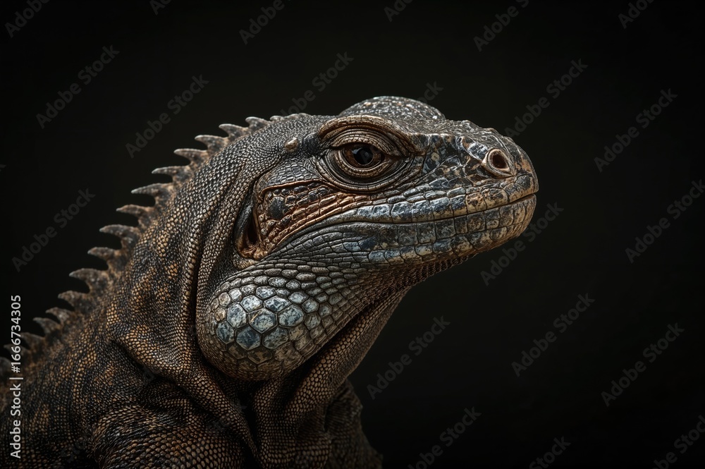 Obraz premium Detailed view of the head of an earless monitor lizard on a black background