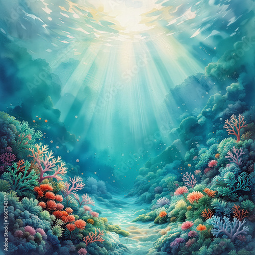 Fototapeta Naklejka Na Ścianę i Meble -  Seafoam green dynamic coral reef with a soft, fading watercolor effect - watercolor Fading background