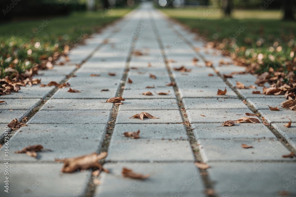 Fototapeta premium A pathway made of concrete blocks with some leaves scattered around