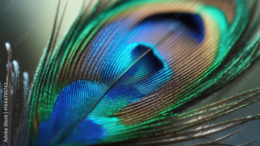 Naklejka premium Peacock Feather Detail: Vibrant Colors and Intricate Structure