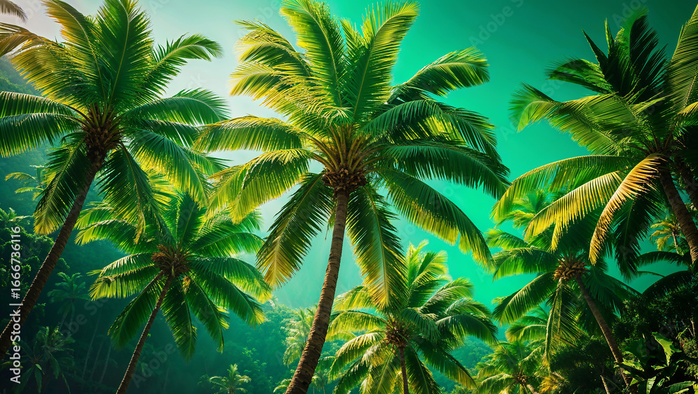 Fototapeta premium Lush Palm Trees Under Tropical Sunlight and Blue Skies