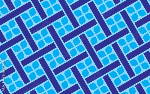 Blue Geometric Weave Pattern. Seamless blue geometric weave pattern with square tile accents, suitable for digital backgrounds, fabrics, and decorative projects.
