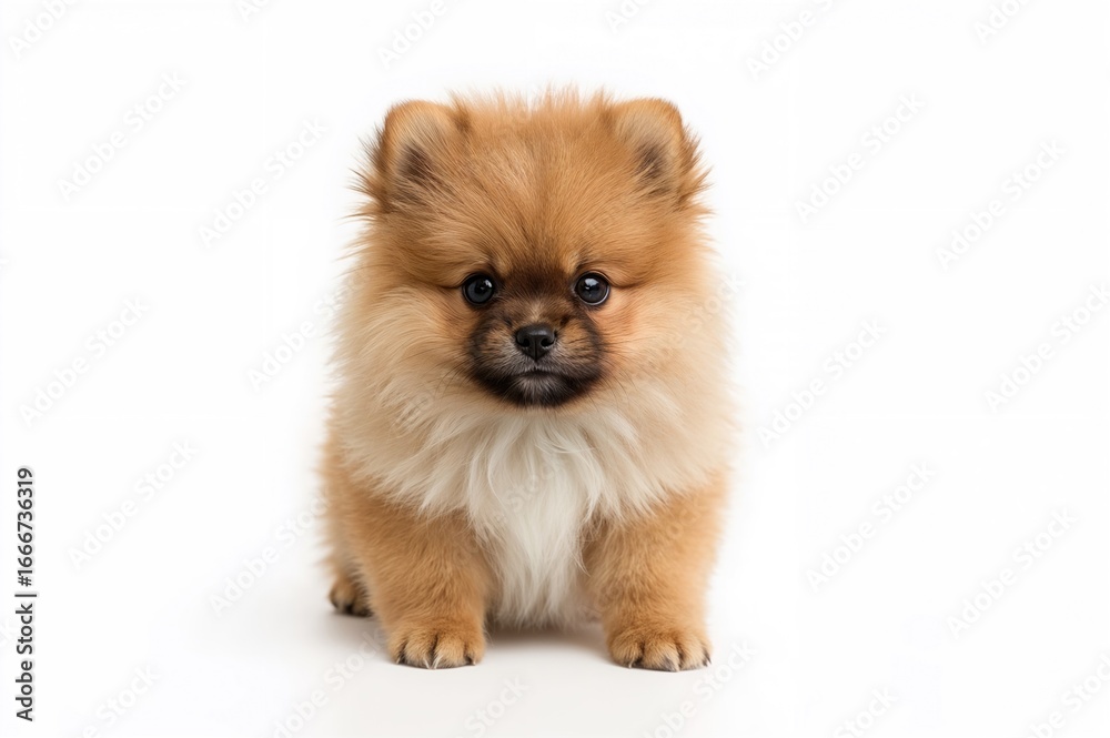 Obraz premium Adorable small Pomeranian dog against a plain white backdrop
