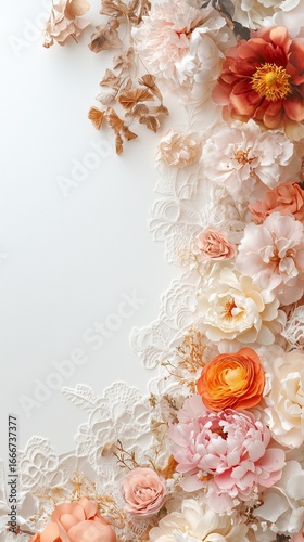 Romantic Floral Arrangement with Vintage Lace – Elegant Floral Arrangement with Lace on White Background  perfect stock photo for romantic occasions, printed goods, or digital floral layouts