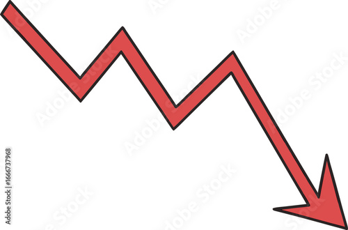 Red downward trending arrow with jagged lines direction