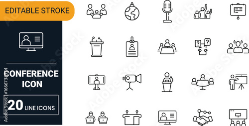 Conference vector icon set collection with business meeting, seminar, discussion, speaker, presentation and professional event