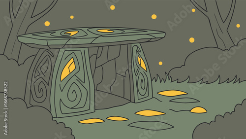 Ancient Stone Structure in a Mystical Forest at Dusk