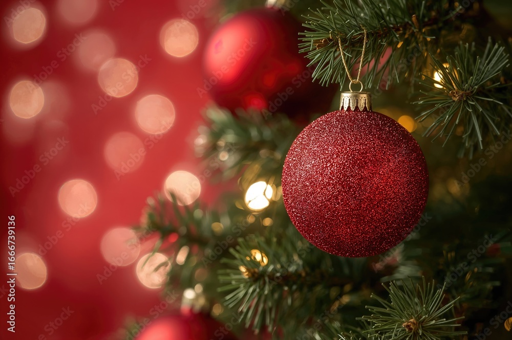 Fototapeta premium Detailed view of a holiday tree adorned with crimson ornaments and blurred lights behind it.