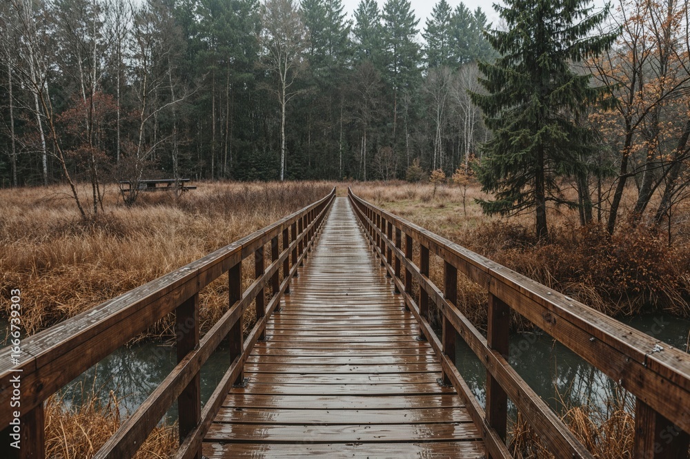 Obraz premium Wooden walkway crossing a moorland surrounded by autumn trees after rainfall, showcasing nature's beauty in a forest landscape