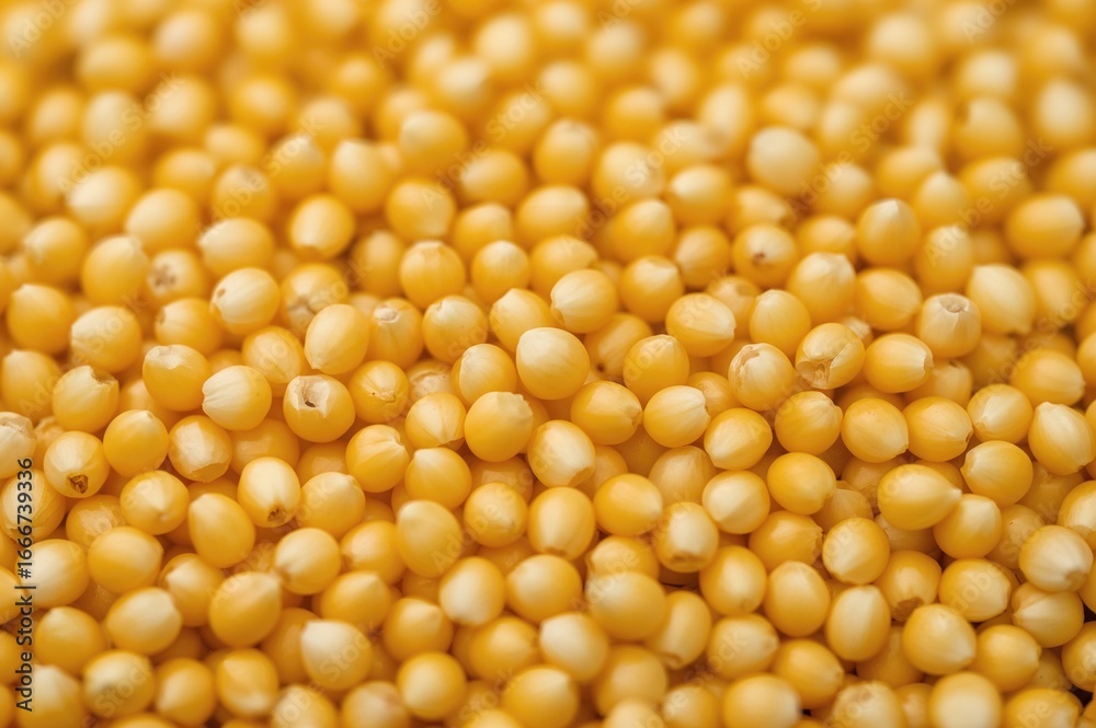 Detailed view of halved yellow mung beans alongside sweetcorn kernels with blurred foreground and background Detailed view of halved yellow mung beans alongside sweetcorn kernels with blurred foreground and background