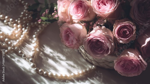 Pastel Flower Bouquet with Elegant Blossoms – Elegant Pink Roses and Pearls in Romantic Lighting  high-resolution floral image for invitation templates, wedding designs, or decorative backgrounds