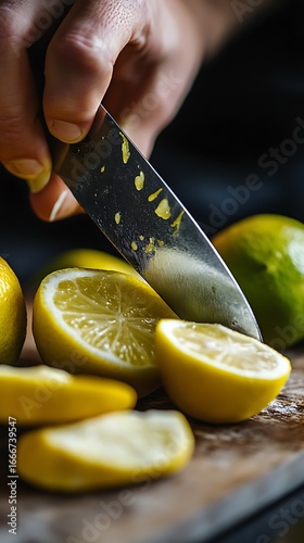 Fresh Lemons and Limes Being Cut on Wooden Board with Sharp Knife