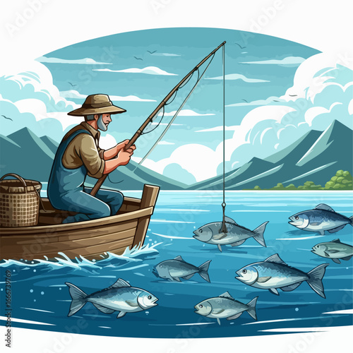 vector illustration of fishermen looking for fish in the sea
