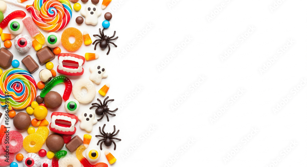 Fototapeta premium Vibrant Halloween candy and spooky decorations scattered on a pristine white background, offering ample copy space for festive messages or design elements