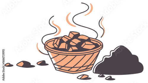 Basket of hot coals with pile of coal embers fire