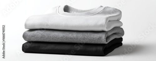 Stack of folded t-shirts in white, gray, and black