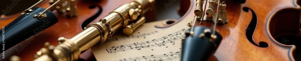 Fototapeta premium Close-up of classical score atop polished string and woodwind instruments , instrument, woodwind quintet