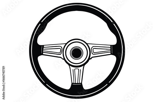 Black and white illustration of a vintage steering wheel