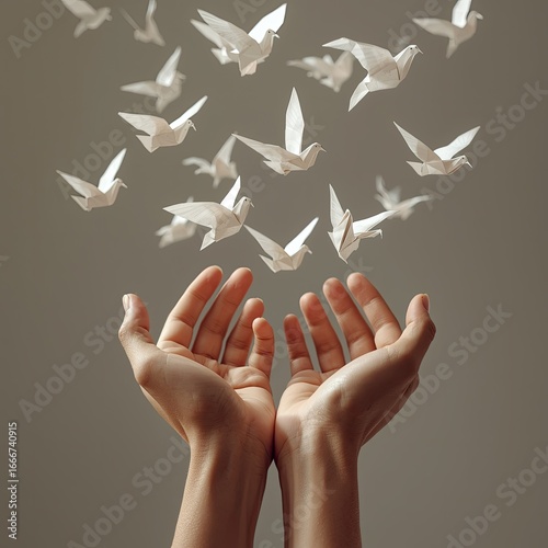 Two open hands lift gracefully as white origami doves soar above, symbolizing hope and freedom.