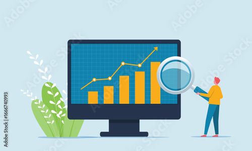 flat illustration business data analytics and monitoring investment and finance report graph on monitor concept. people working with computer	

