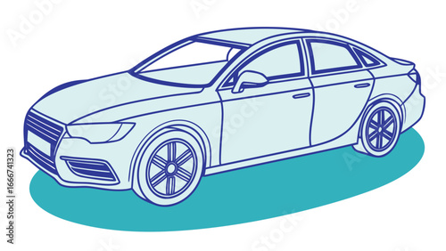 Blue outline of a modern sedan on a teal oval automobile