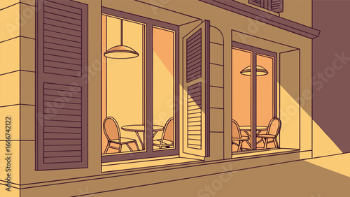 Cafe windows with tables and chairs illuminated by lamps
