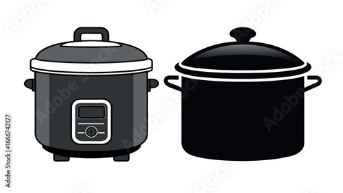Red kitchen saucepan with lid and handle, a trash can vector illustration. rice cooker vector set. 