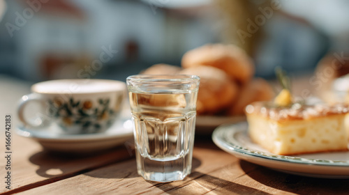 Wallpaper Mural A traditional Hungarian beverage scene featuring a small glass of Pálinka, clear fruit brandy, placed on a rustic wooden table, or a classic cup of Hungarian coffee with frothy crema Torontodigital.ca