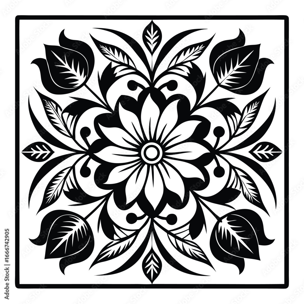Fototapeta premium Floral Square Design with Central Flower, Buds, and Leaves in Black and White