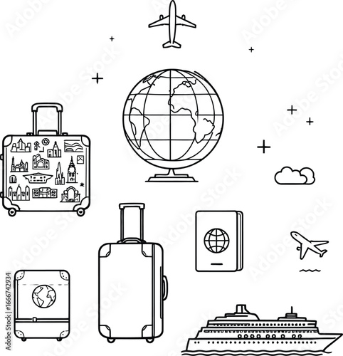 Global Travel Essentials: A Monochrome Line Art Collection Featuring Iconic Luggage, Passport, Airplane, Cruise Ship, and Landmarks
