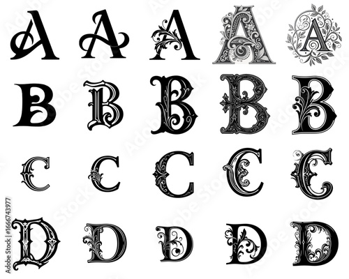 Vector set. Pencil drawings of decorative letters of the alphabet with ornaments are examples of artistic calligraphy and illuminated initials.