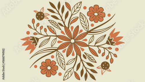 Circular floral arrangement with brown and orange hues