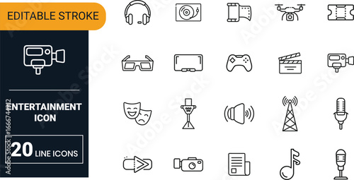 Entertainment and media vector icon set collection with music, film, television, news, theater, video, online streaming and culture