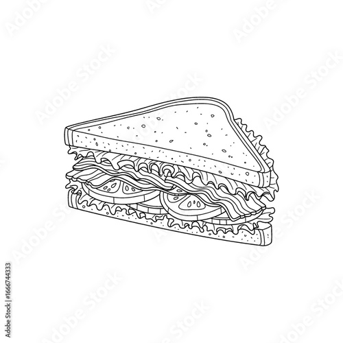 Hand-drawn sketch of a classic triangular-cut club sandwich, featuring multiple layers of fresh ingredients like deli meat, crisp lettuce, juicy tomato, and melted cheese. Ideal for menus, lunch speci