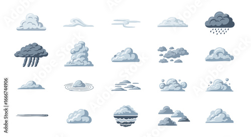 Cloud types flat vector icon set, 15 isolated designs
