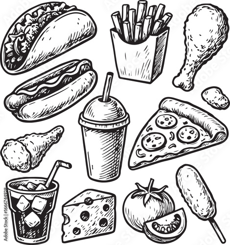 fast food hand-drawn set vintage