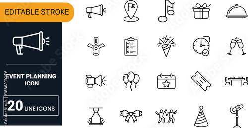 Event planning vector icon set collection with schedule, calendar, checklist, decorations, party, meeting and management tools