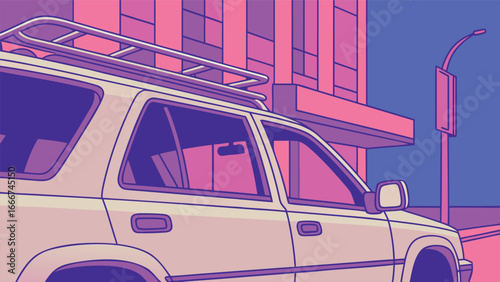 Close-up of a white SUV in a city with pink and purple hues