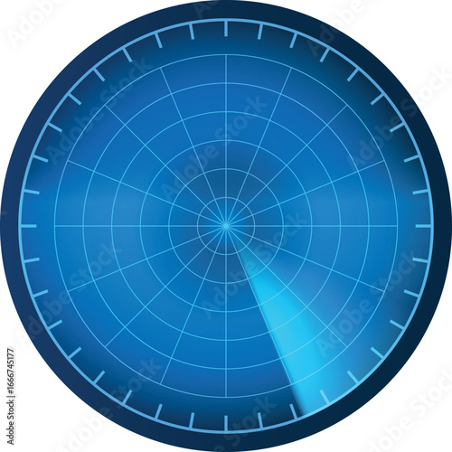 Realistic digital blue HUD radar display in searching, detection system, vector navigation interface navy or air sonar