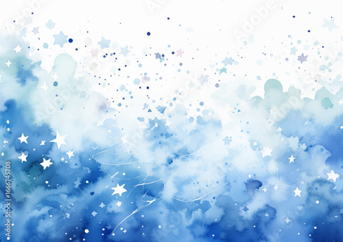 Captivating watercolor painting of dreamy blend of soft blues and whites, sense of ethereal beauty vector illustration. Vibrant hues delicately splattered, a starry night sky with glowing stars. 