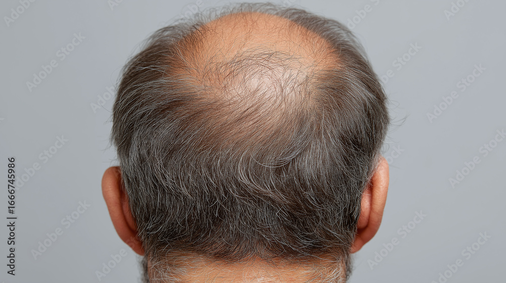 Obraz premium Balding man head rear view showing thinning hair on crown with gray hair and skin visible on scalp in close up