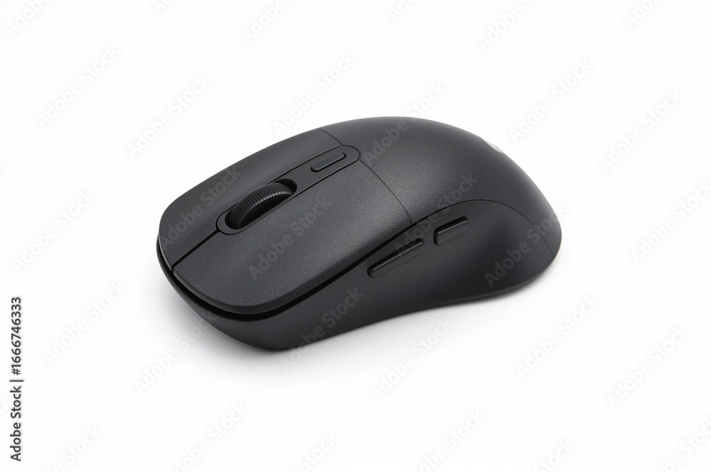 Standard computer pointing device featuring dual buttons and a central scroll wheel, set against a white backdrop with a clipping path Standard computer pointing device featuring dual buttons and a central scroll wheel, set against a white backdrop with a clipping path