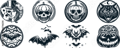 Halloween Tattoo Set Vector – Spooky Skull, Pumpkin, Witch, Ghost, Bat, Gothic Tattoo Flash Designs