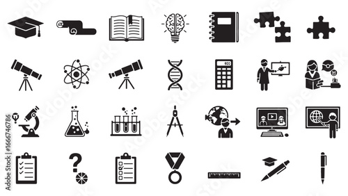 Education and science glyph icon set. Vector pictograms of atom, microscope, test tube, flask, telescope, dna, laptop, checklist, clipboard, black sign silhouette illustration.