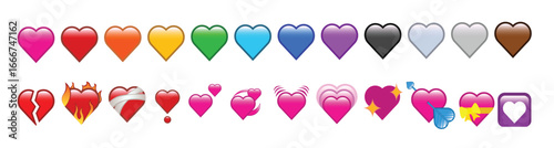 Set of hearts and shapes vector graphic on a transparent background. This diverse collection of emojis and emoticons conveys various emotions and designs, ideal for digital projects and social media.