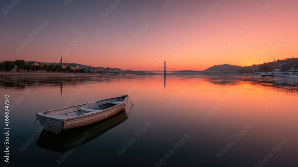 Naklejka premium A tranquil scene of the Danube River at sunset, with a small wooden boat drifting peacefully on the calm water