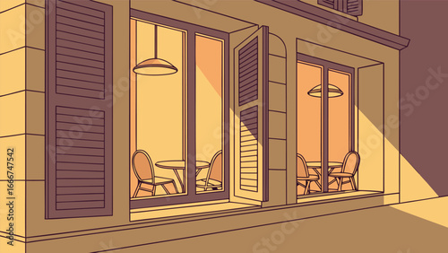 Cozy cafe windows with tables and chairs illuminated by lamps
