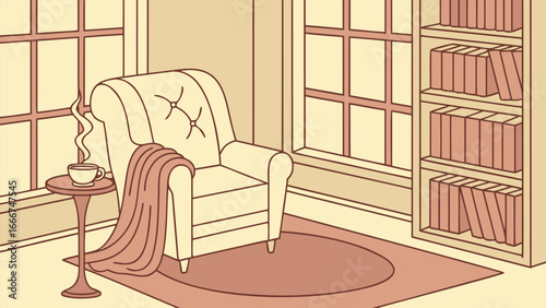 Cozy armchair with steaming cup of tea and blanket