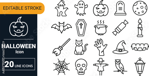 Halloween vector icon set collection with pumpkin, ghost, bat, witch hat, spider, trick or treat, holiday and spooky night