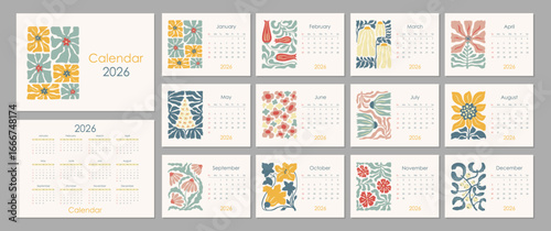 Monthly horisontal flowers wall calendar 2026 design template. Abstract vector illustration floral poster vintage designs. Sunday start annual calendar. Set of 12 months. Cover A4 A3 A2 A5